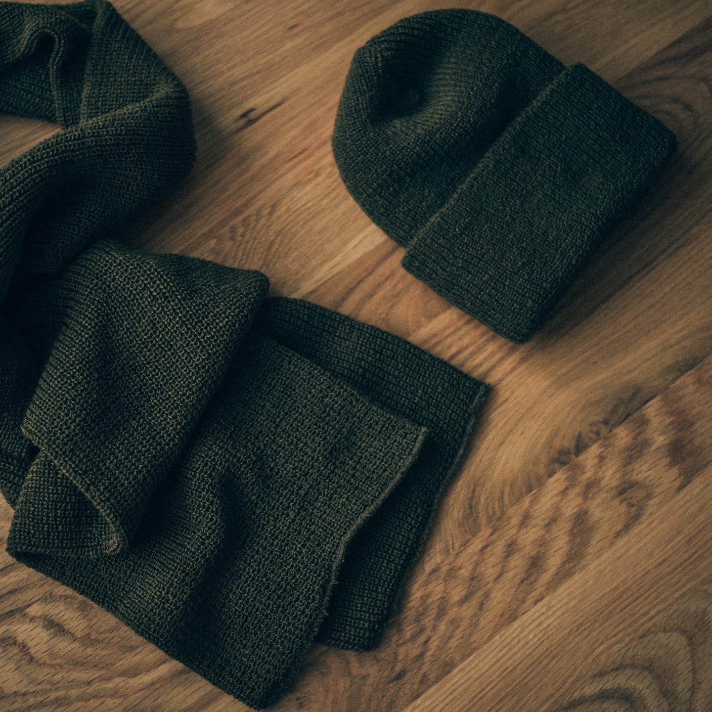 Olive Wool Knit 1975 NATO Watch Cap + Marine Scarf - Detail Image One