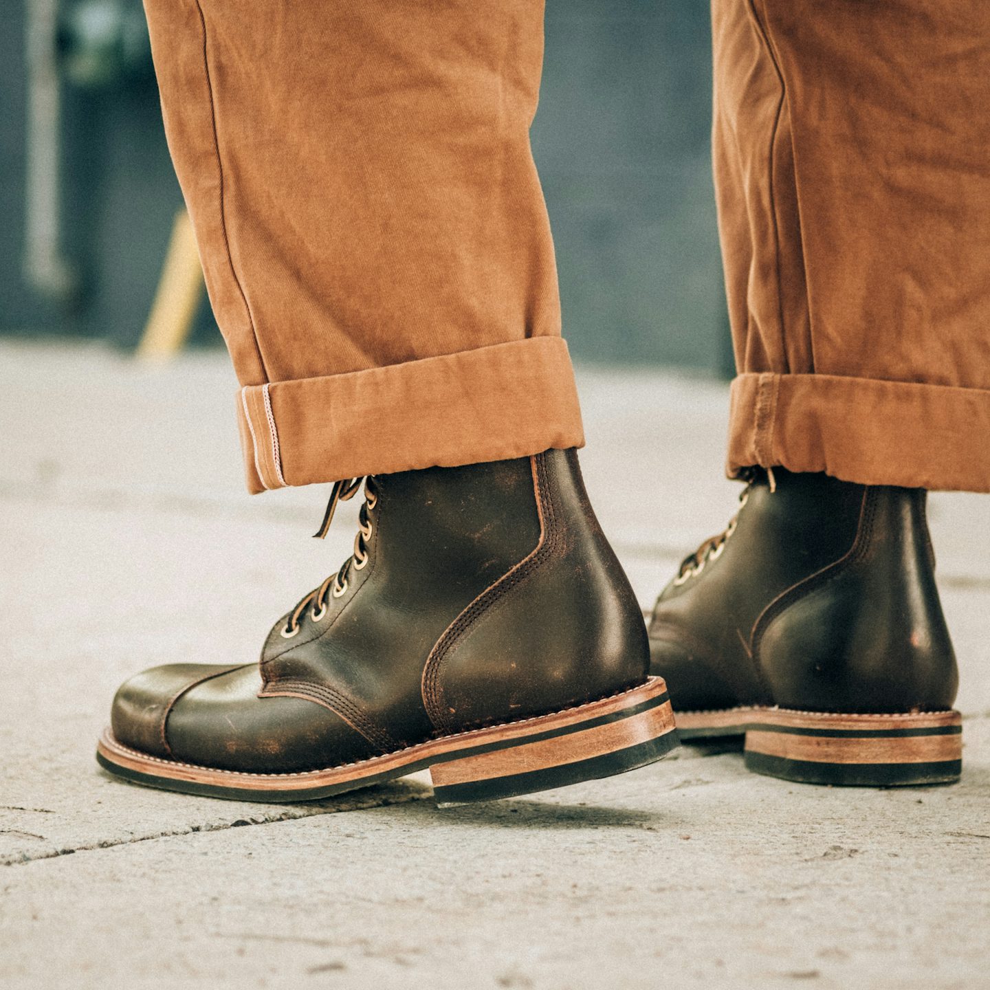 Cap Toe Field Boot Brown Overdye Natural Veg Tan Dainite Rubber Studded Sole Made in USA Oak Street Bootmakers