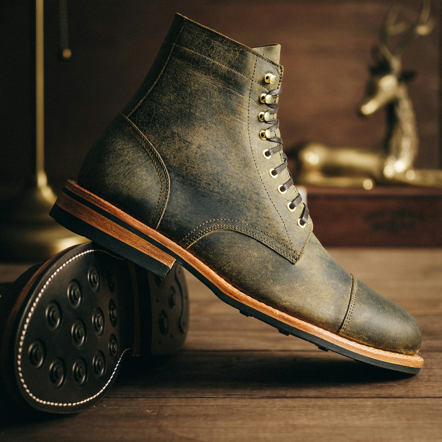 Olive Teton Stag Cap-Toe Trench Boot - Detail Image Two