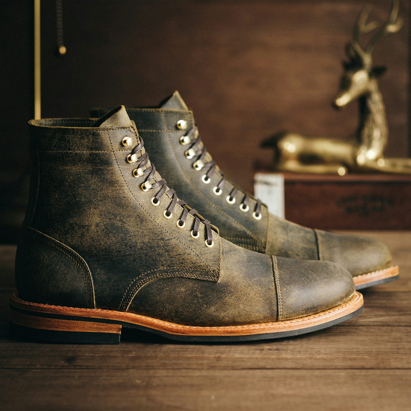 Olive Teton Stag Cap-Toe Trench Boot - Detail Image One