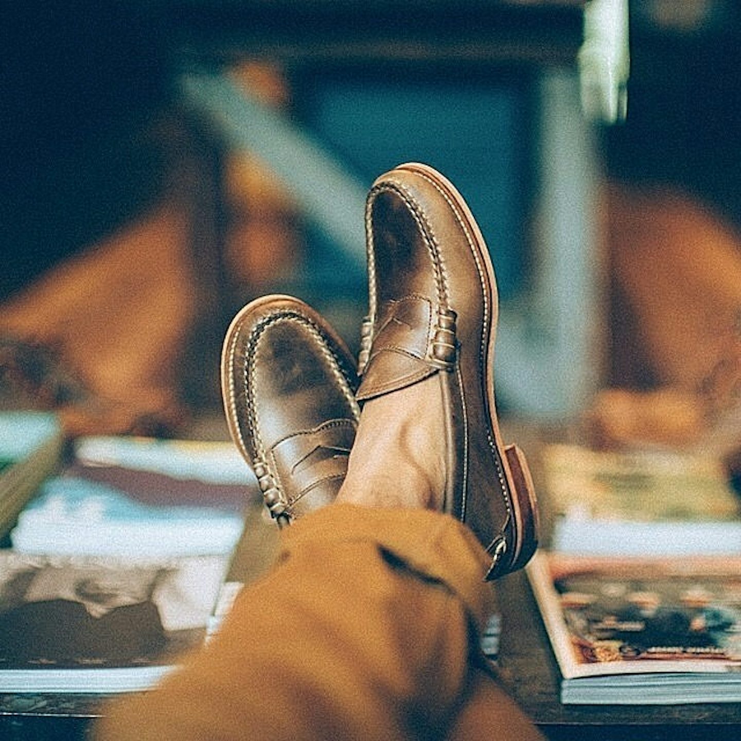 Kicking-back wearing Oak Street Bootmakers Beefroll Penny Loafer in Natural Chromexcel